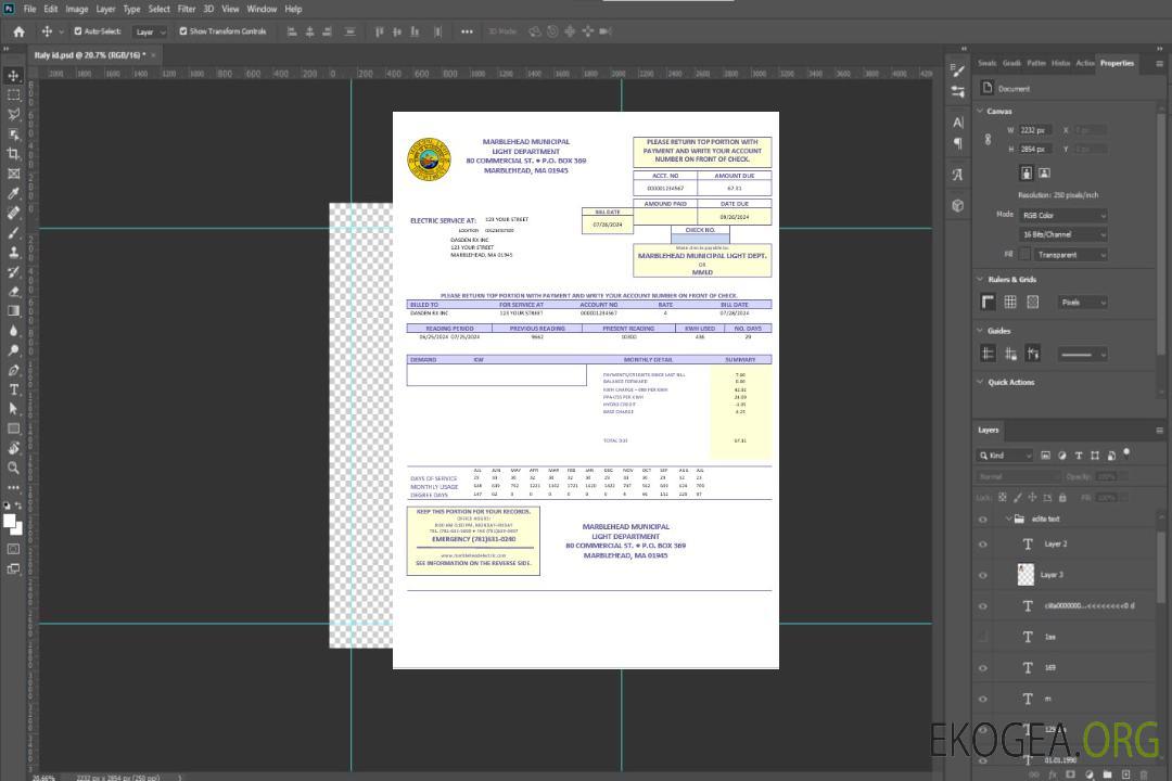 Modèle de facture de services publics du département d'éclairage municipal de Marblehead des États-Unis aux formats Word et PDF template Modèle de facture de services publics du département d'éclairage municipal de Marblehead des États-Unis aux formats Word et PDF template